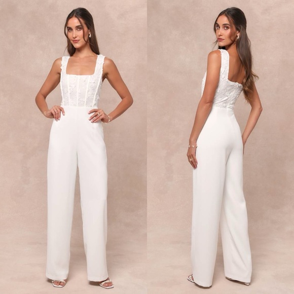 Lulus | Truly Profound White Mesh 3D Floral Embroidered Bustier Jumpsuit - Picture 1 of 7